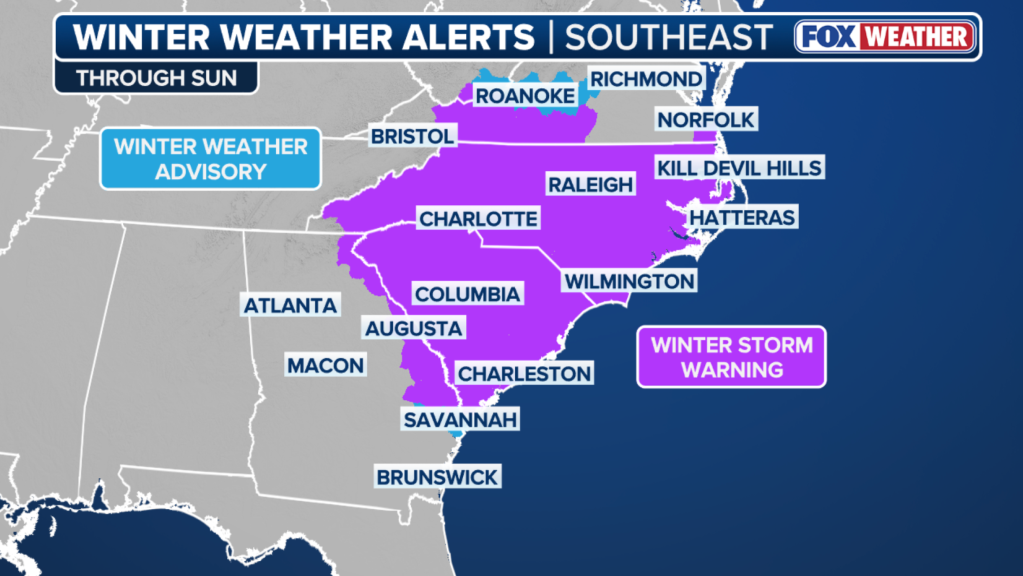 Map of winter weather alerts in the Southeast, with purple areas under a Winter Storm Warning and light blue areas under a Winter Weather Advisory.